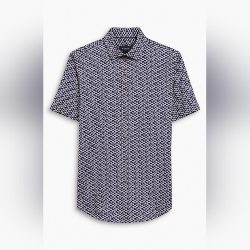 8-Way Stretch Geometric Print Short Sleeve Button-Down Cotton Shirt